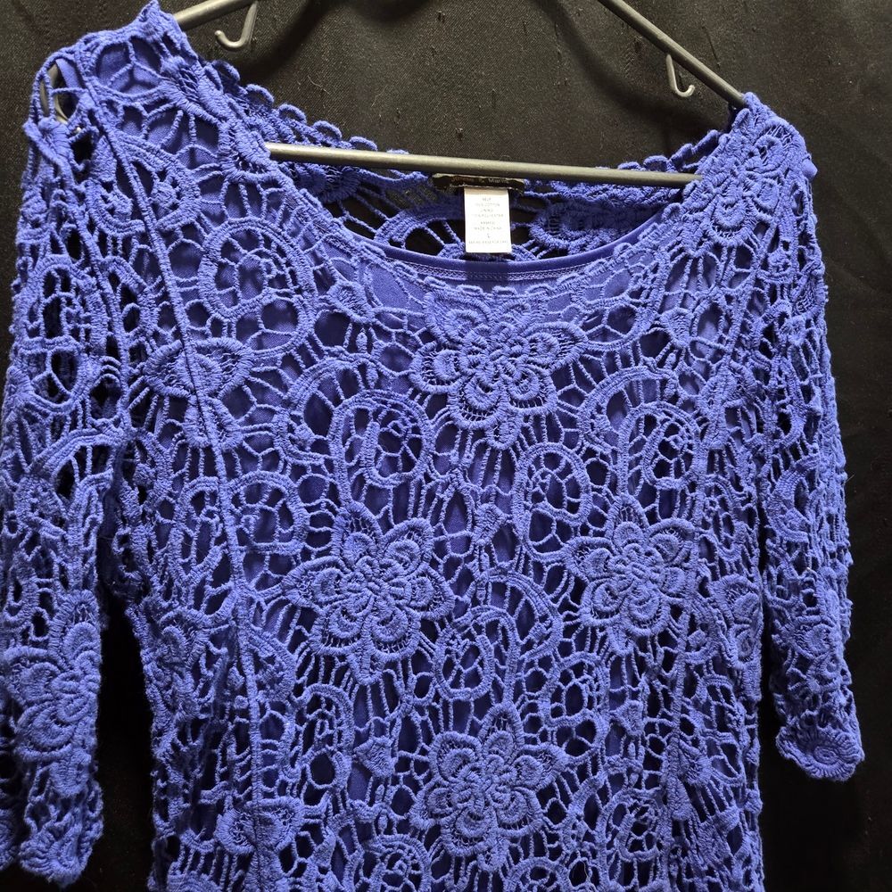 Jennie & Marlis Blue Floral Crochet Lace Top Boho Coastal Poetcore Laced Up Sz L - Picture 9 of 9